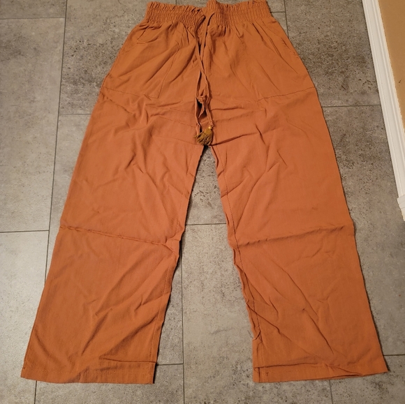 Women's Cotton Linen Pants Loose Elastic Waist Beach Trousers Size Large Coffee - Picture 3 of 3